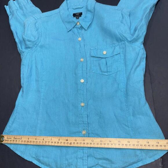 Talbots Petites 100% Pure Irish Linen Quiet Luxury Button Up Pocket Blouse Top S - Picture 7 of 10